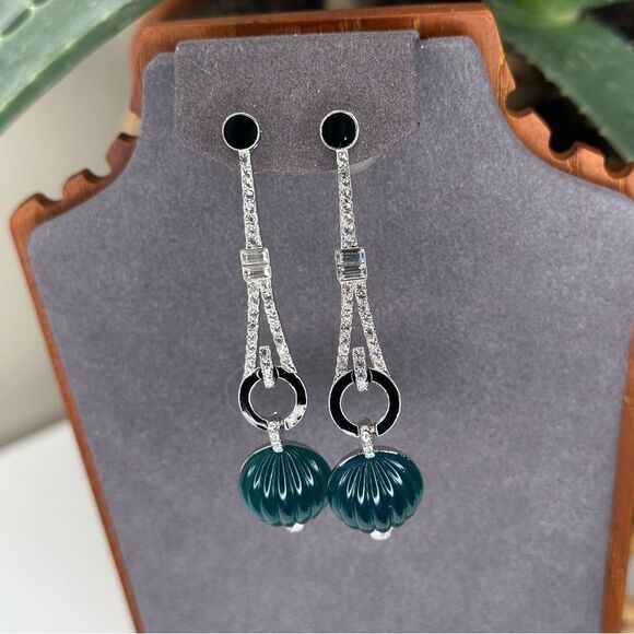 Art Deco 89 Jewelry - Art Deco 89 Teal Carved Orb Earrings 80s Deco Revival Dangle Silver Crystal Drop